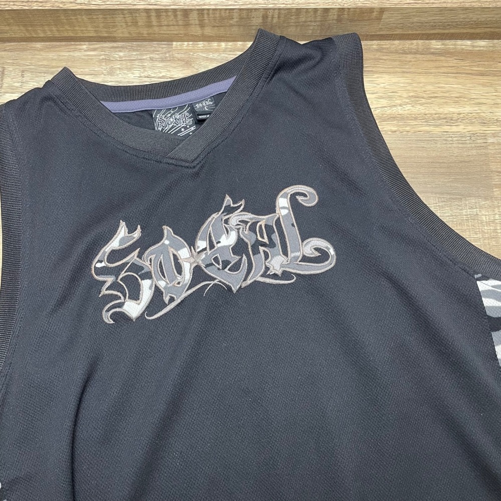 Y2K SoCal No Fear Mens Large Black Camo Mesh Basketball Jersey Embroidered Logo